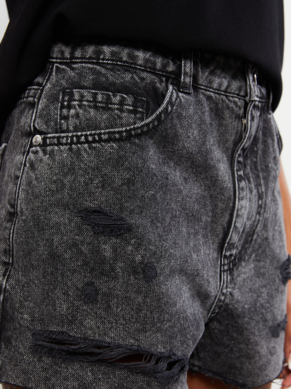 Short en Jean pour Femmes Taille Haute Coupe Maman Droite avec Poches-3