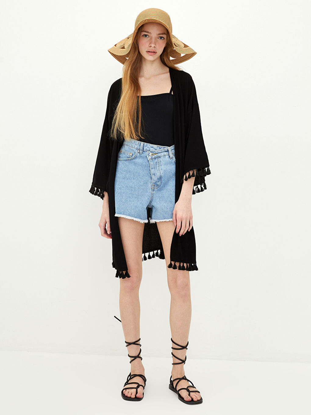 Siyah Şal Yaka Püskül Detaylı Viskon Kadın Kimono-2