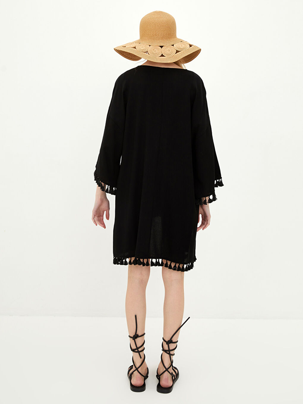 Siyah Şal Yaka Püskül Detaylı Viskon Kadın Kimono-3