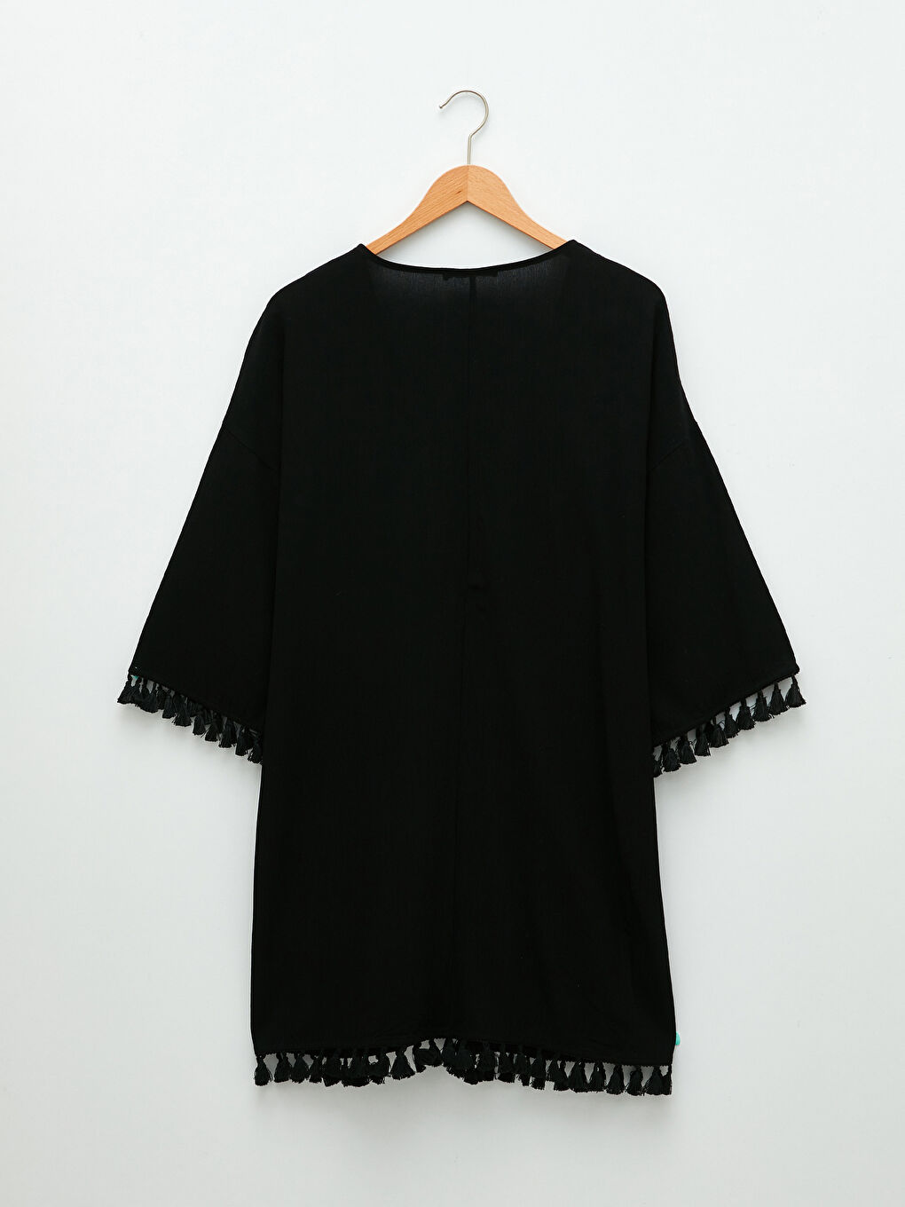 Siyah Şal Yaka Püskül Detaylı Viskon Kadın Kimono-5