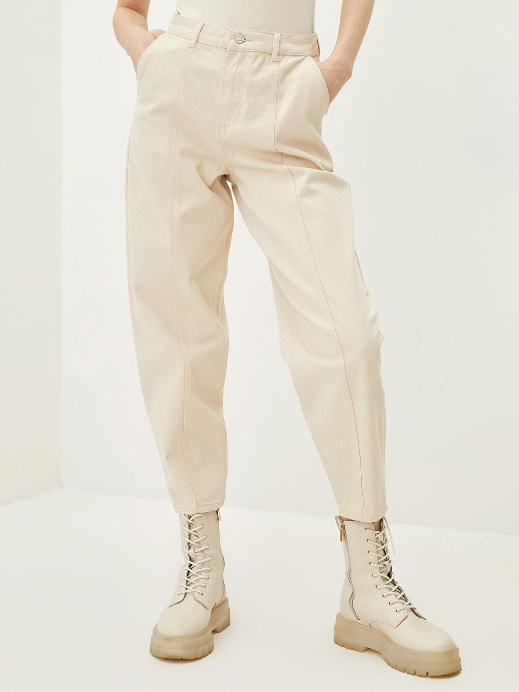 Bej Yüksek Bel Slouchy Cep Detaylı Kadın Jean Pantolon-3