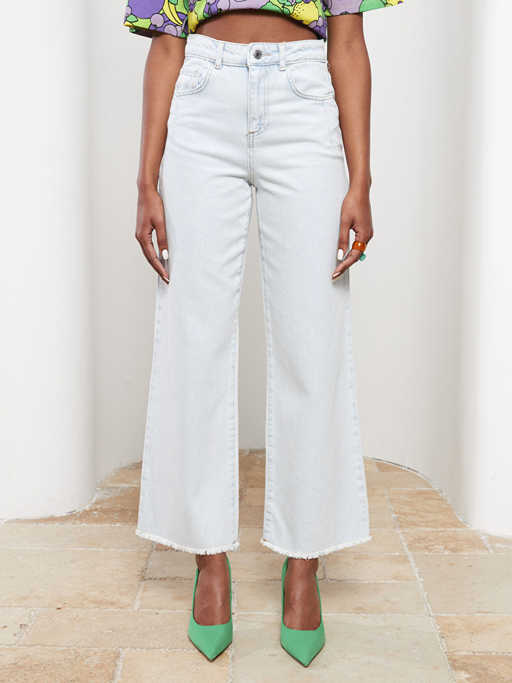 İndigo Yüksek Bel Wideleg Düz Cep Detaylı Kadın Jean Pantolon-2