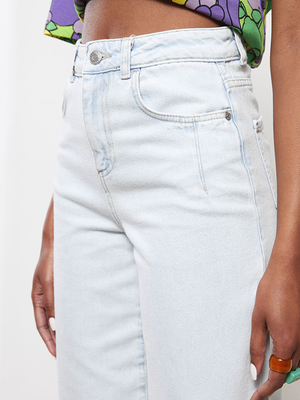 İndigo Yüksek Bel Wideleg Düz Cep Detaylı Kadın Jean Pantolon-3