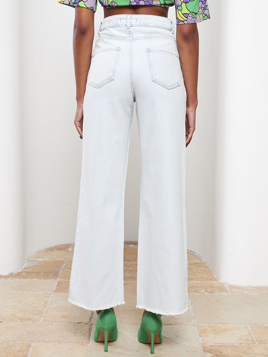 İndigo Yüksek Bel Wideleg Düz Cep Detaylı Kadın Jean Pantolon-4