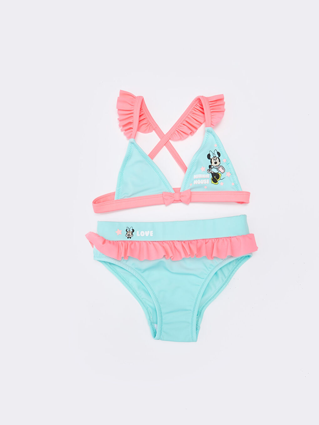 Yeşil Esnek Kumaştan Minnie Mouse Baskılı Kız Bebek Bikini Takımı 2'li