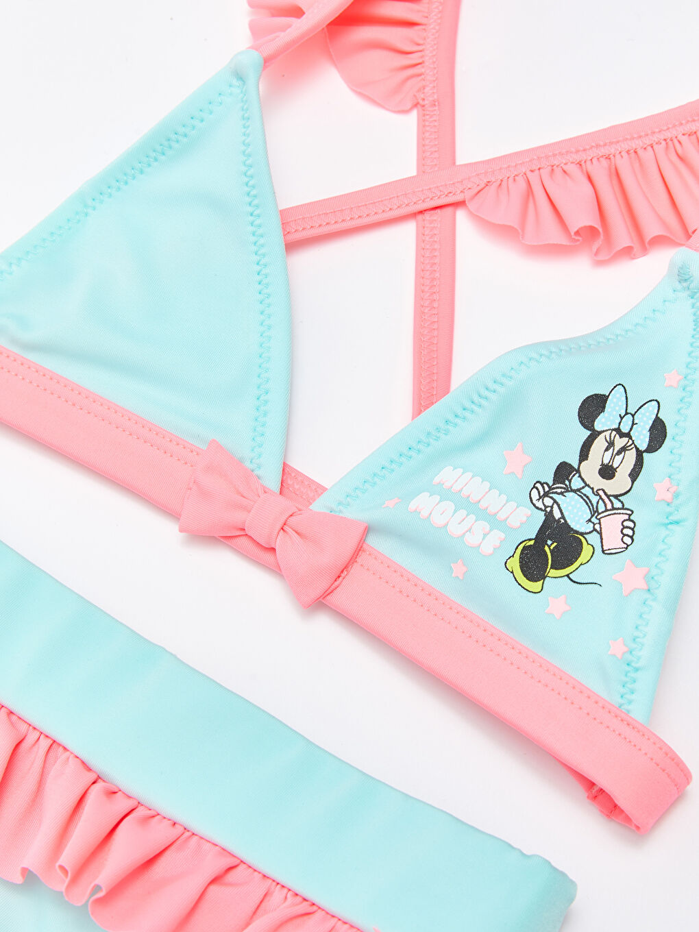 Yeşil Esnek Kumaştan Minnie Mouse Baskılı Kız Bebek Bikini Takımı 2'li-2