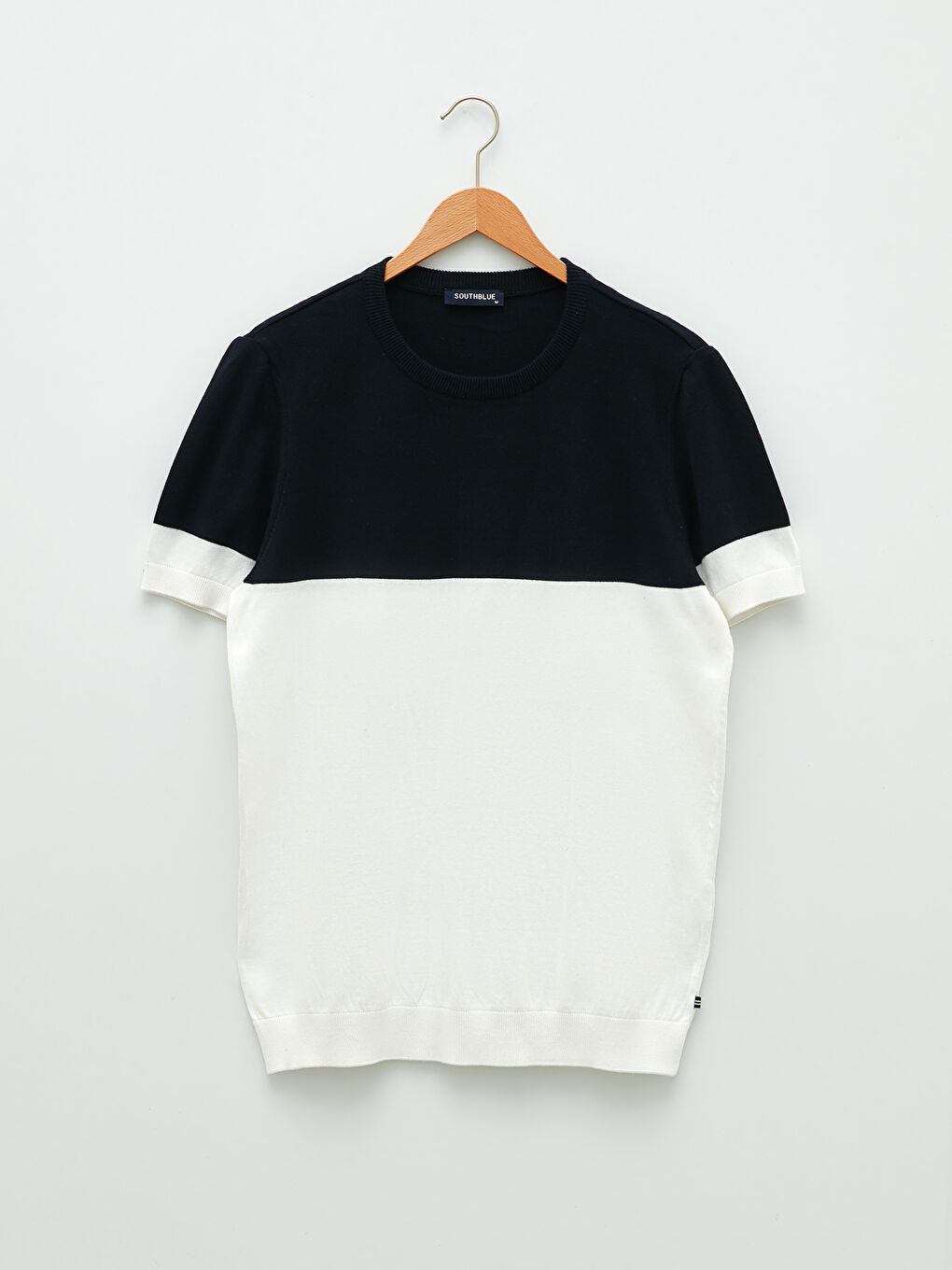 Lacivert Bisiklet Yaka Kısa Kollu Renk Bloklu Erkek Triko Kazak-4