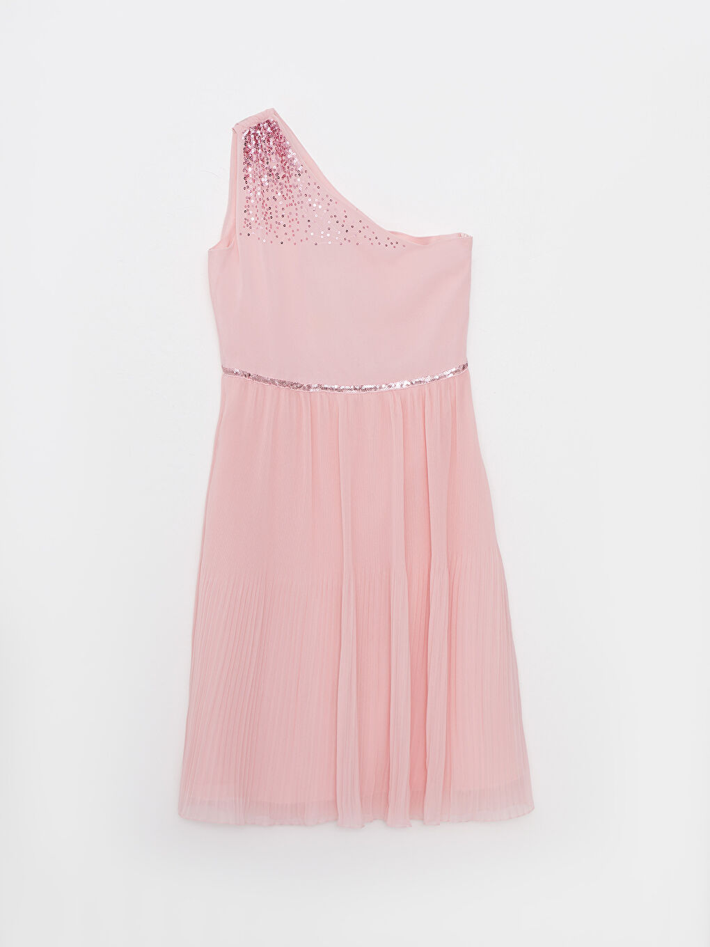 Pembe Pul İşlemeli Tek Omuz Detaylı Kız Çocuk Elbise