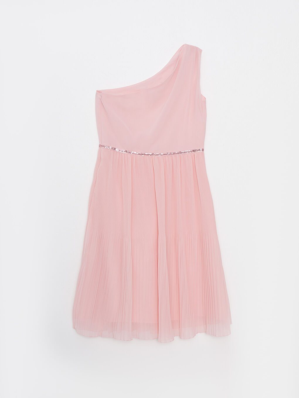 Pembe Pul İşlemeli Tek Omuz Detaylı Kız Çocuk Elbise-1