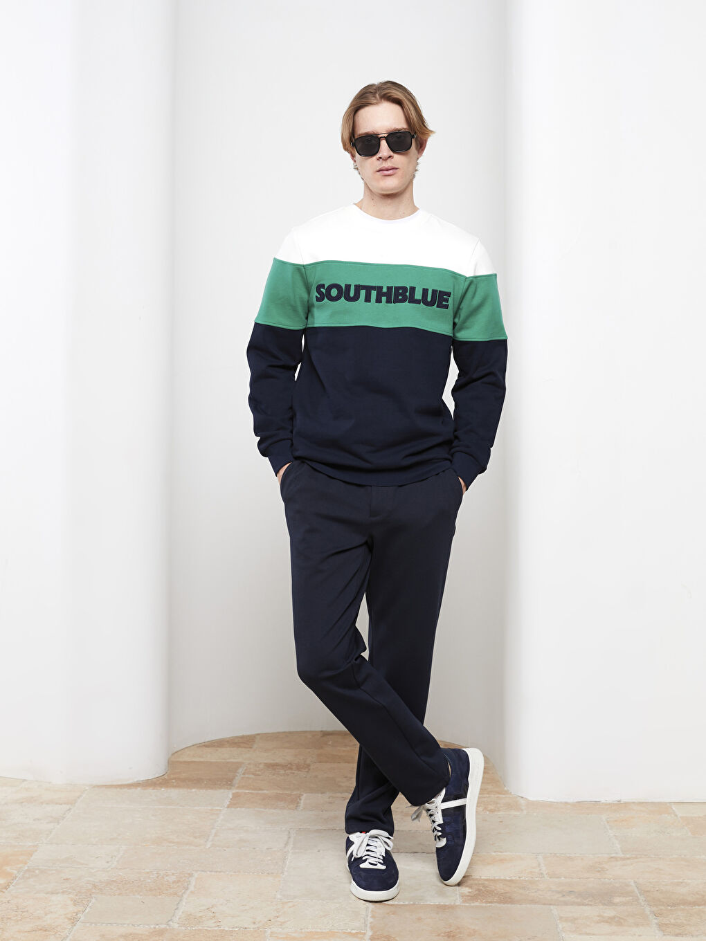 Lacivert Bisiklet Yaka Uzun Kollu Renk Bloklu Erkek Sweatshirt-3