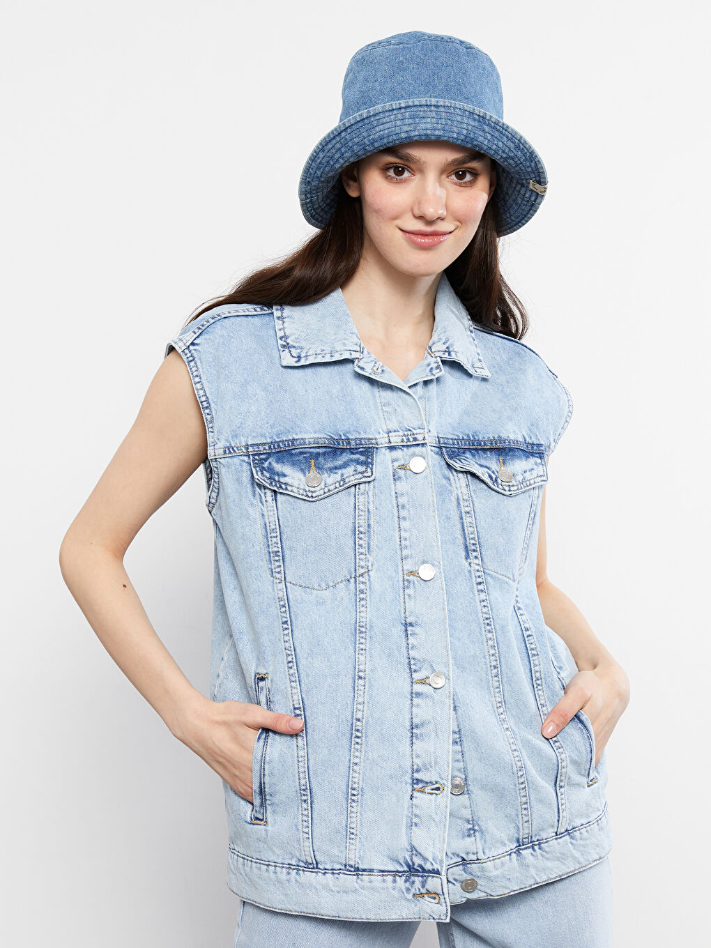 Hemdkragen Schlichte Damen Jeansweste mit Taschen