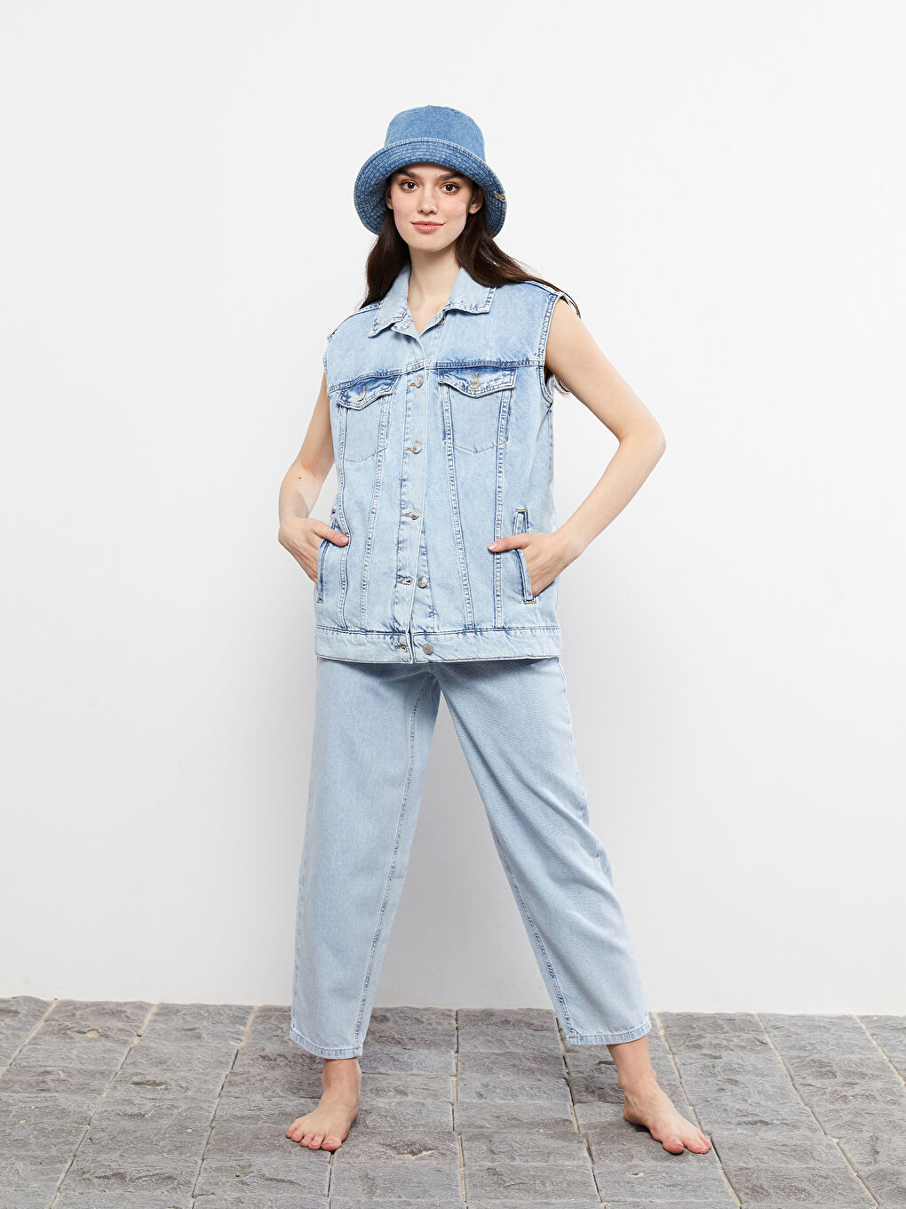 Hemdkragen Schlichte Damen Jeansweste mit Taschen-1