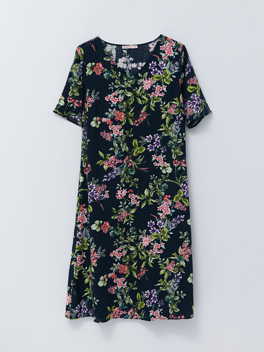 Lacivert V Yaka Çiçekli Kısa Kollu A Kesim Viskon Kadın Elbise-5