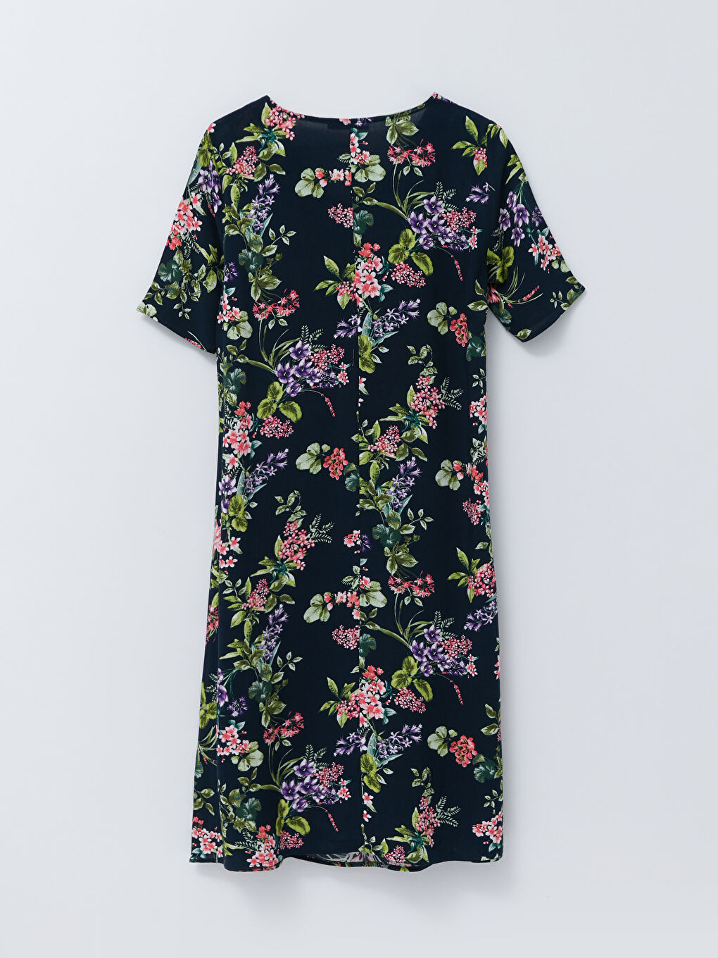 Lacivert V Yaka Çiçekli Kısa Kollu A Kesim Viskon Kadın Elbise-6