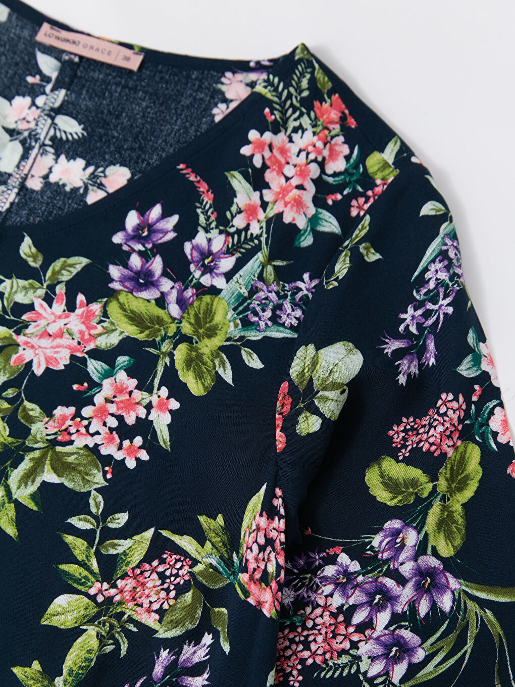 Lacivert V Yaka Çiçekli Kısa Kollu A Kesim Viskon Kadın Elbise-7