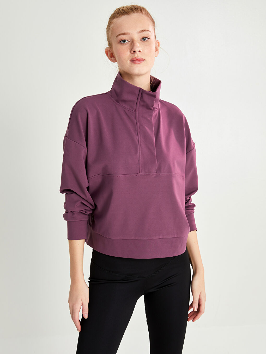 Mürdüm Dik Yaka Düz Uzun Kollu Kadın Sweatshirt-1