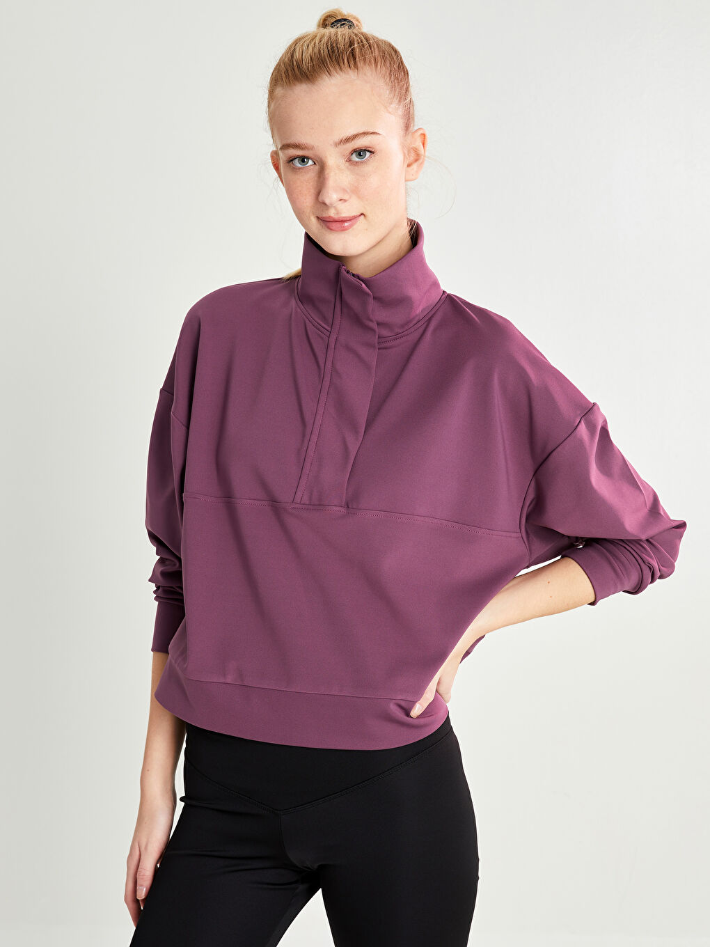 Mürdüm Dik Yaka Düz Uzun Kollu Kadın Sweatshirt-2