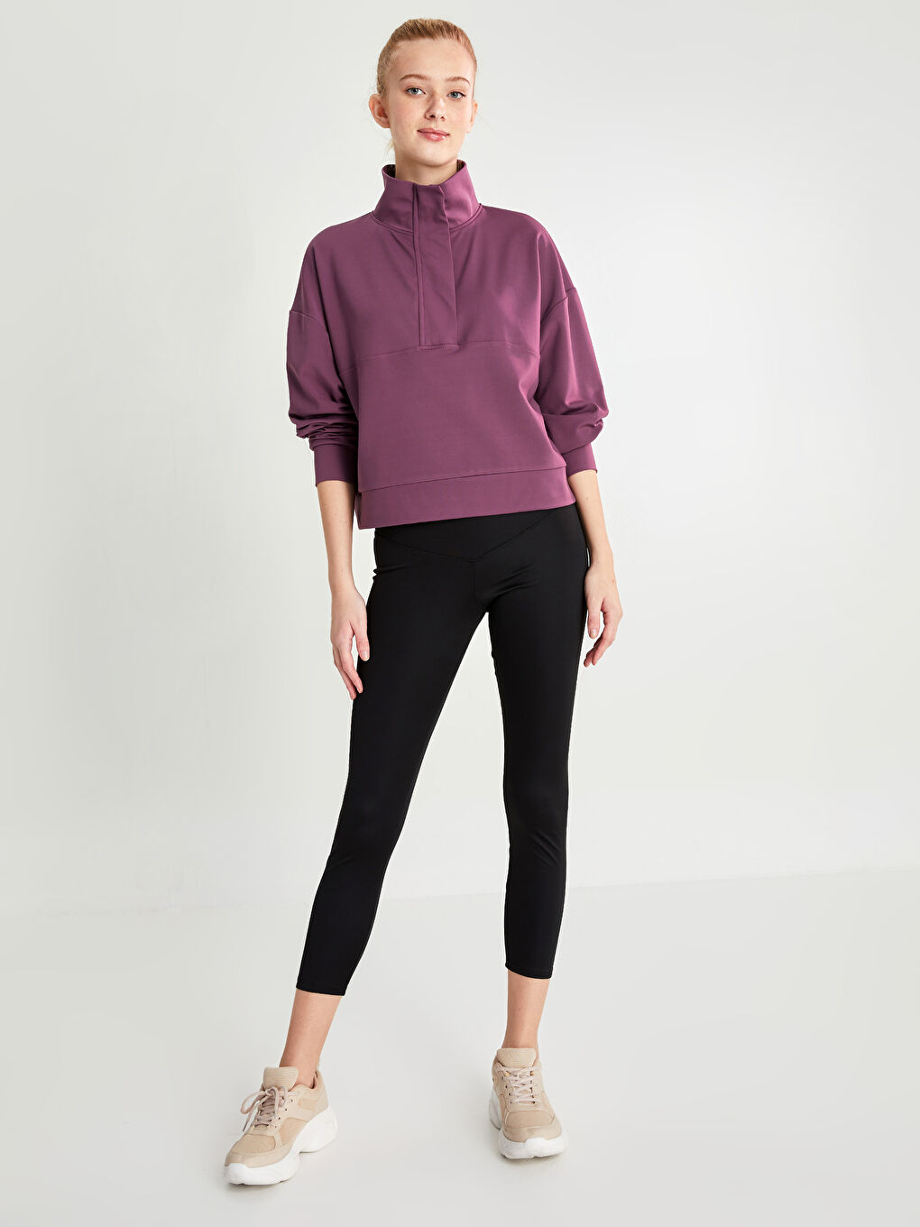 Mürdüm Dik Yaka Düz Uzun Kollu Kadın Sweatshirt-5