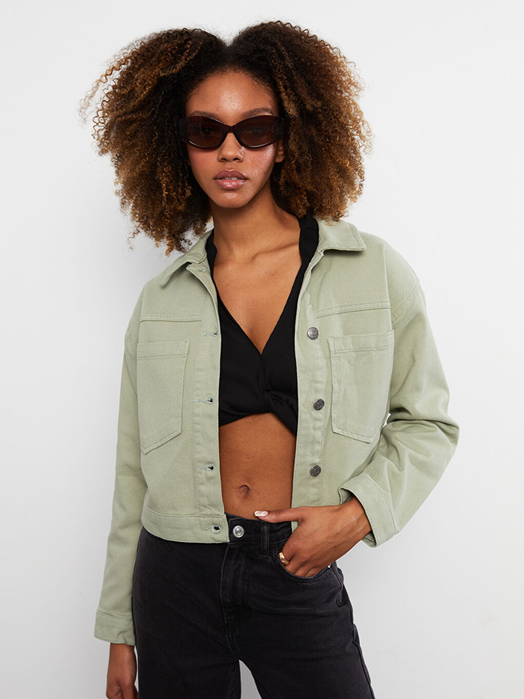 Yeşil Gömlek Yaka Gabardin Kadın Ceket-1