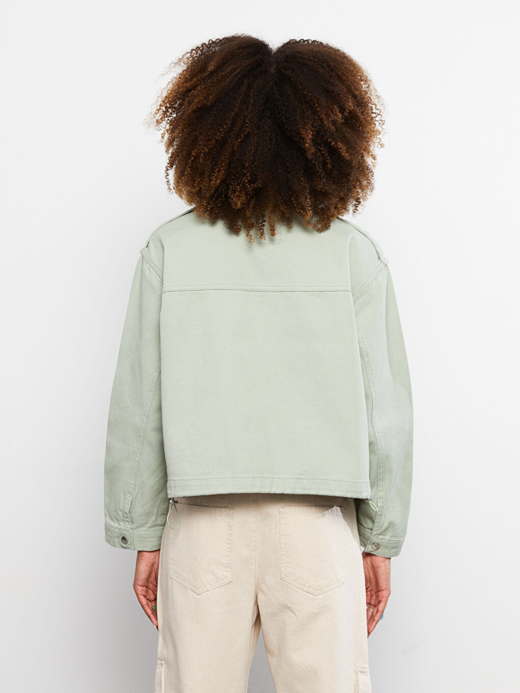 Yeşil Dik Yaka Düz Uzun Kollu Gabardin Kadın Mont-4