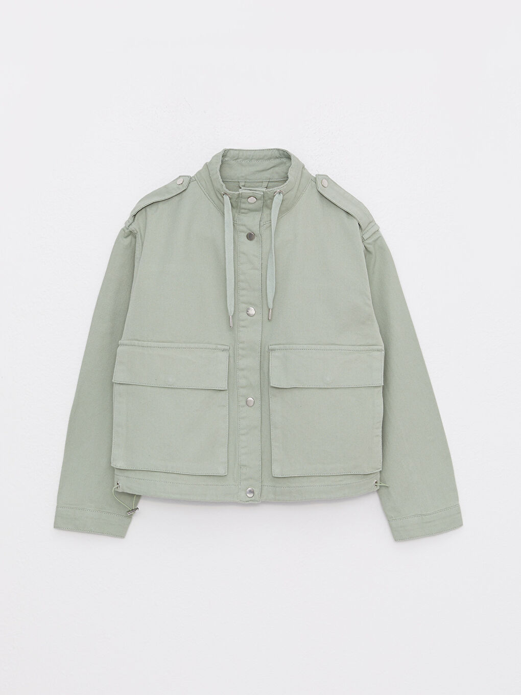 Yeşil Dik Yaka Düz Uzun Kollu Gabardin Kadın Mont-5