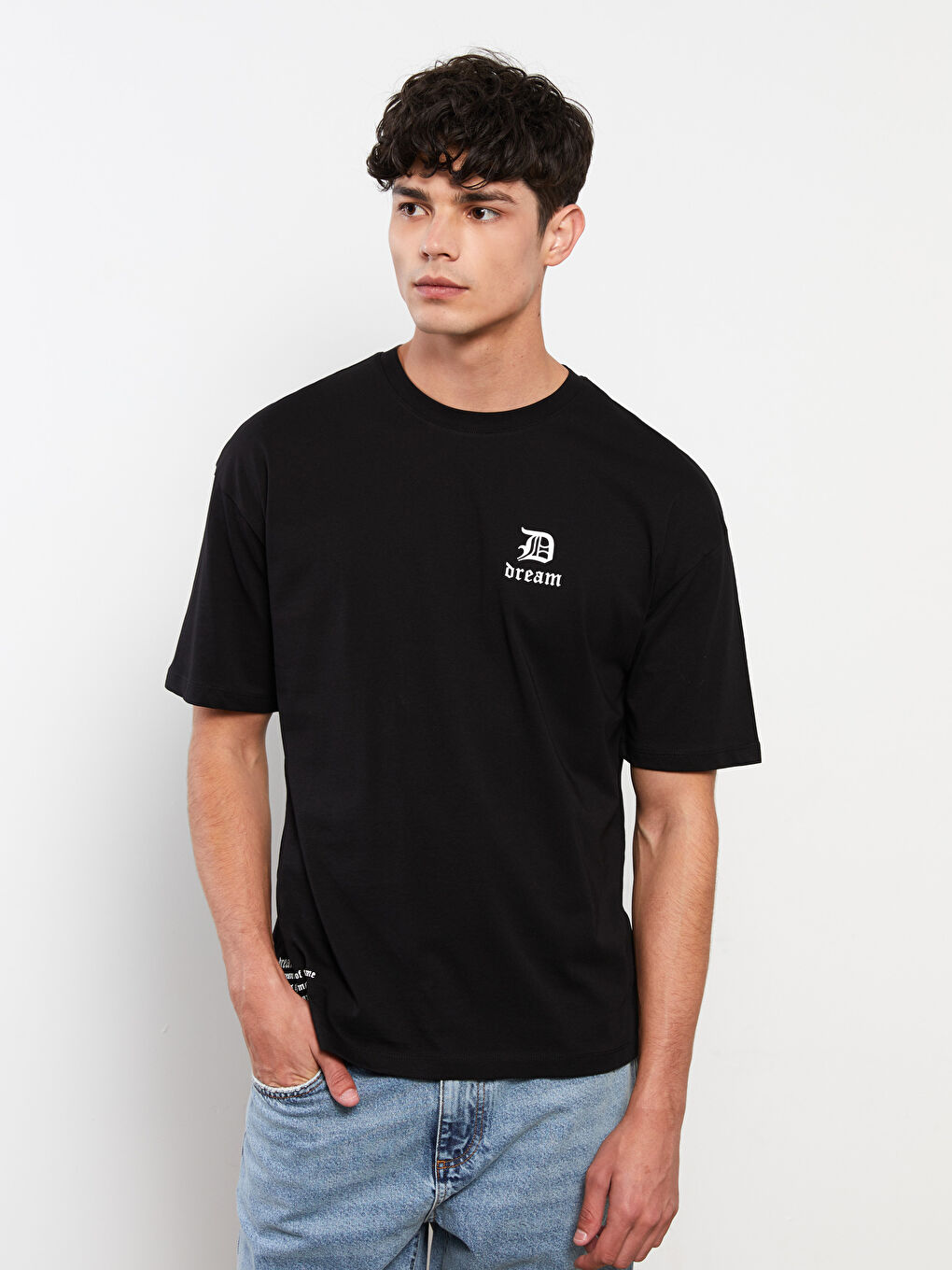 Siyah Bisiklet Yaka Kısa Kollu Baskılı Penye Erkek Tişört-1