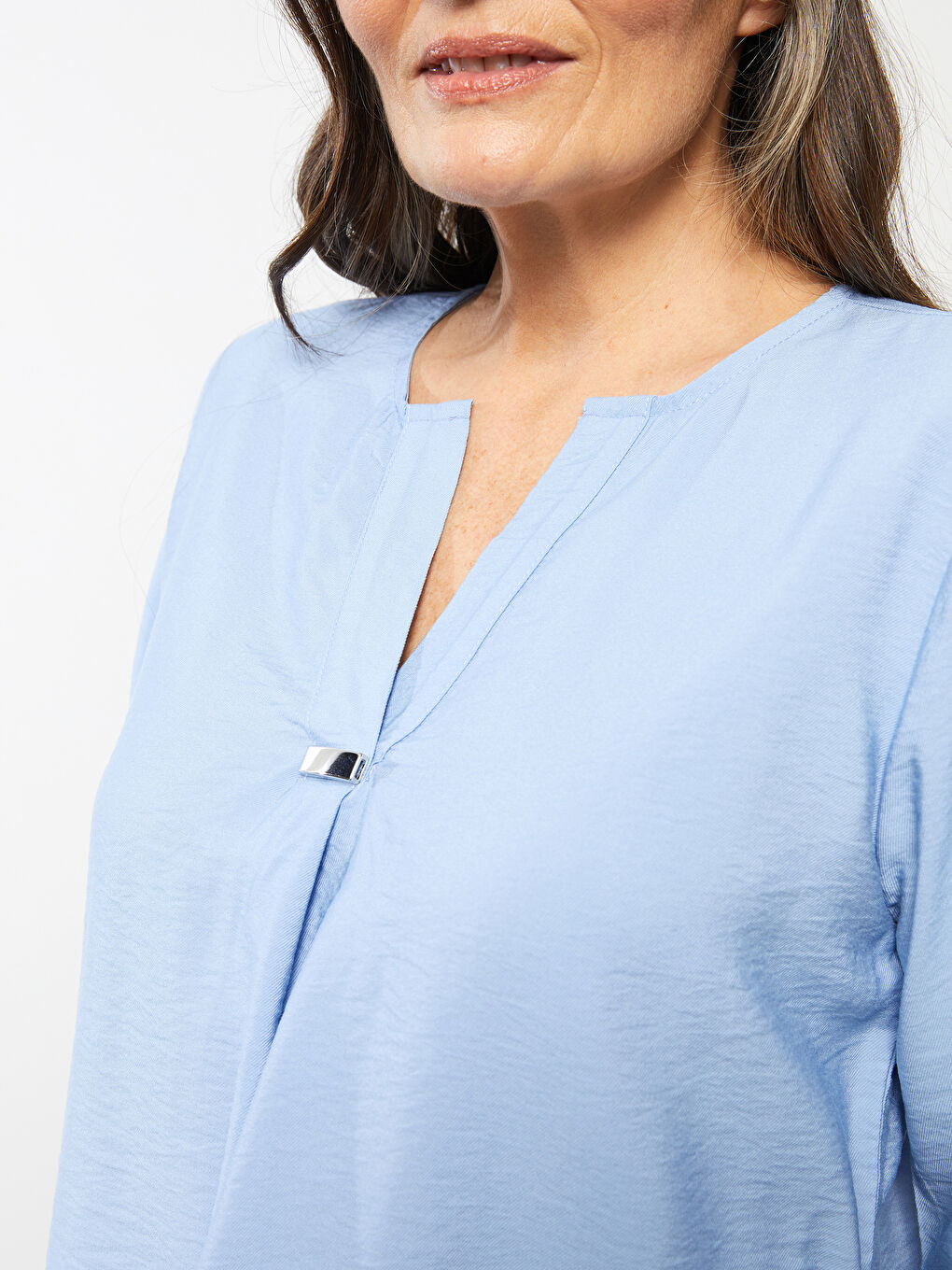 Mavi Kadın Kaçık Yaka Düz Bluz-3