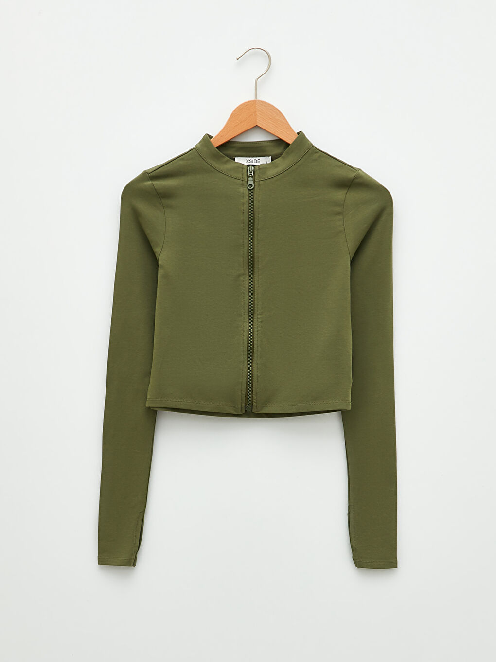 Haki Dik Yaka Düz Uzun Kollu Crop Kadın Hırka