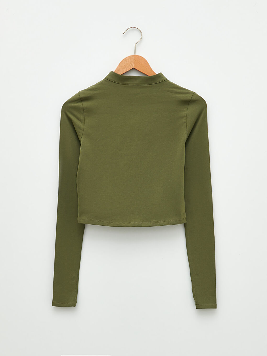 Haki Dik Yaka Düz Uzun Kollu Crop Kadın Hırka-1