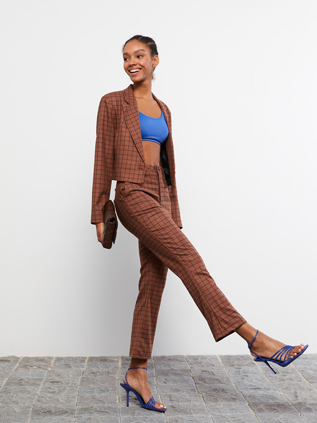 Standard Fit Pocket Detailed Plaid Women's Trousers-1