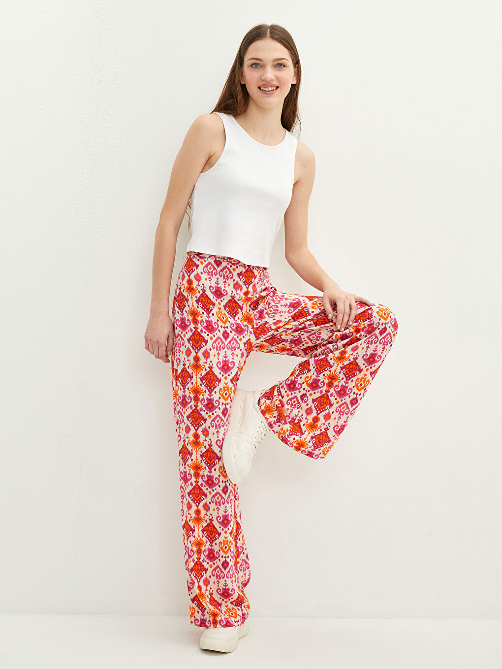 Elastic Waist Patterned Viscose Women Trousers-1