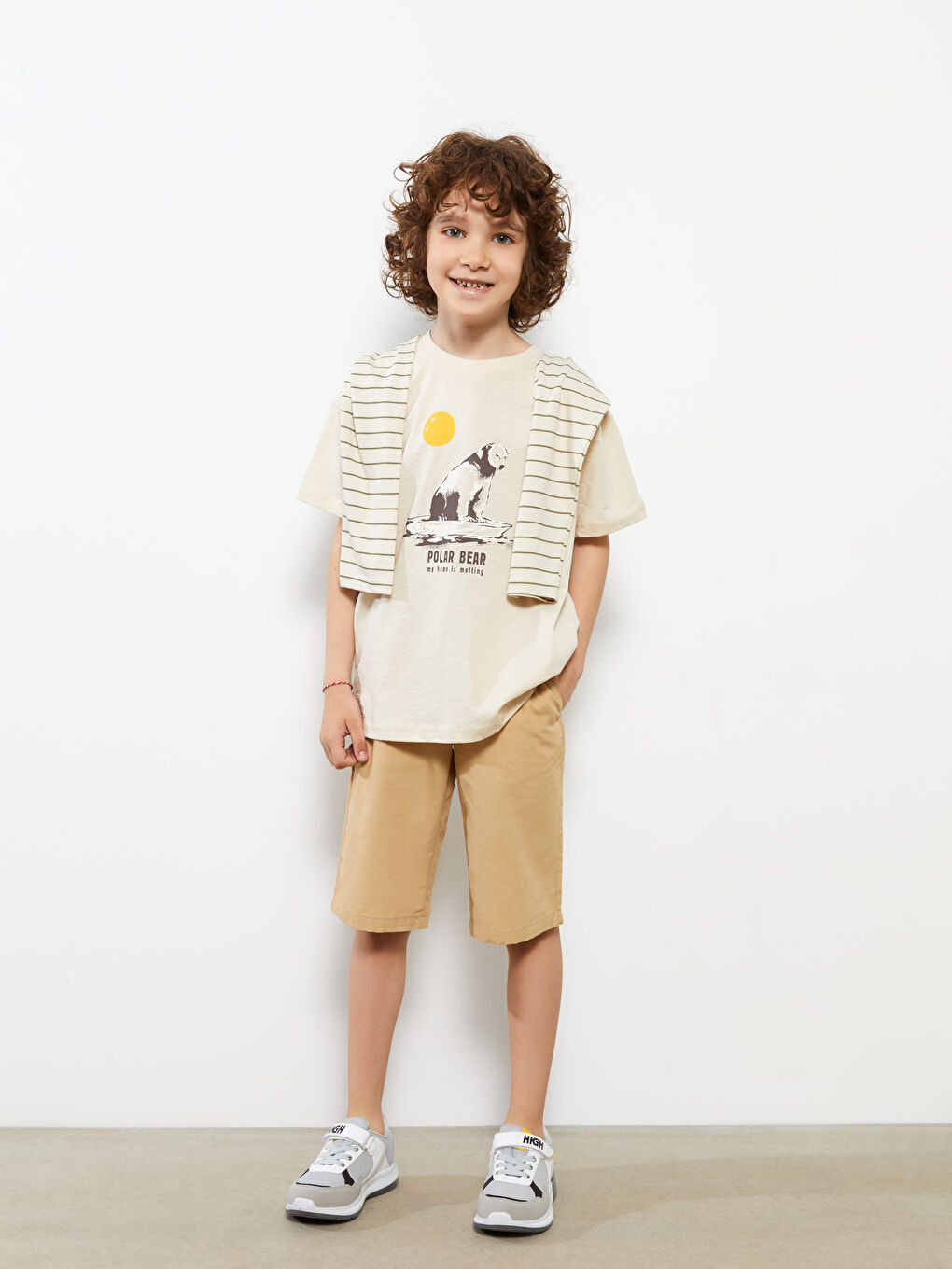 Bej Bisiklet Yaka Baskılı Kısa Kollu Pamuklu Erkek Çocuk Tişört-2