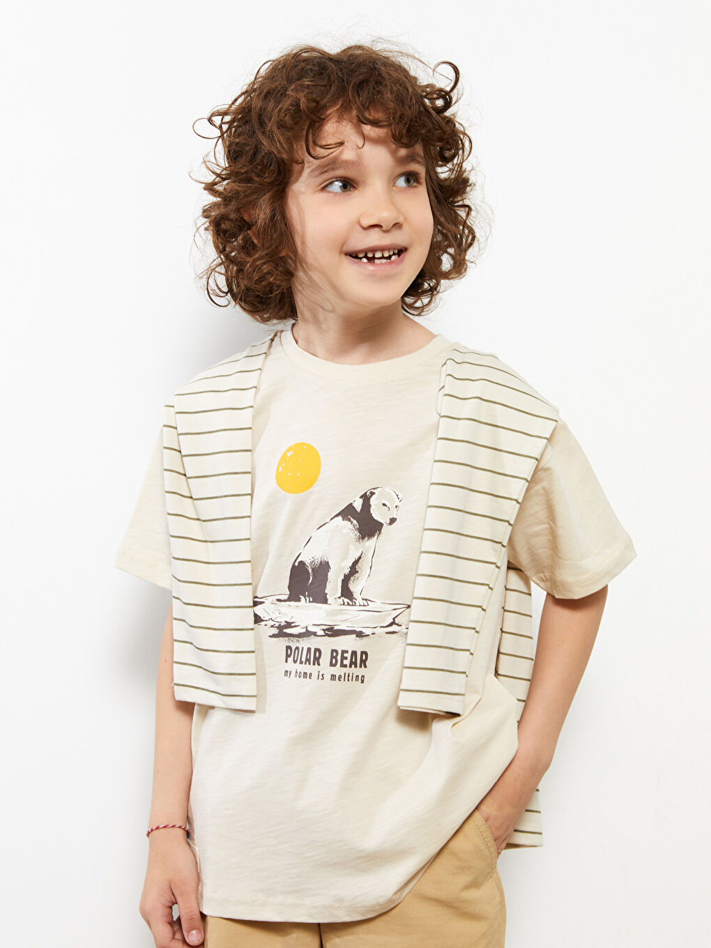 Bej Bisiklet Yaka Baskılı Kısa Kollu Pamuklu Erkek Çocuk Tişört