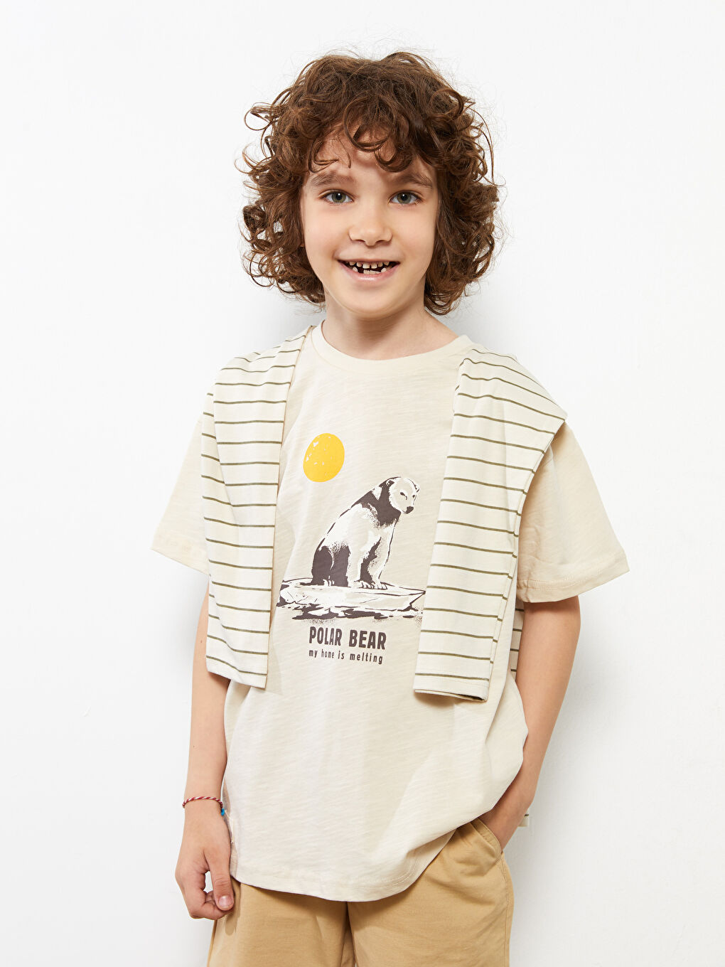 Bej Bisiklet Yaka Baskılı Kısa Kollu Pamuklu Erkek Çocuk Tişört-1