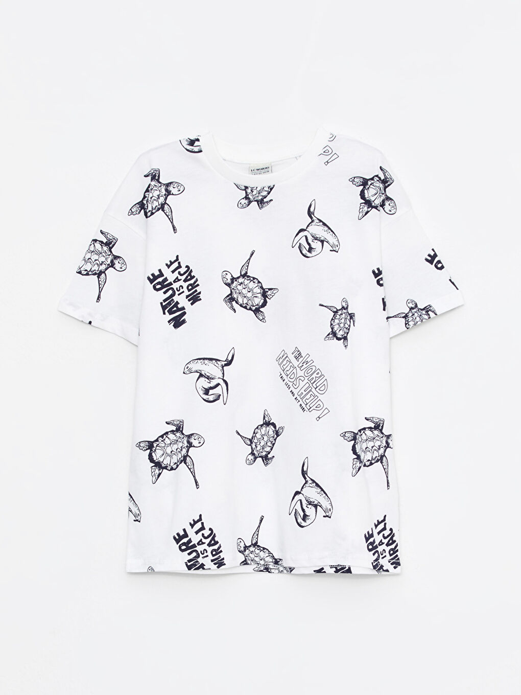 Lacivert Bisiklet Yaka Baskılı Kısa Kollu Pamuklu Erkek Çocuk Tişört