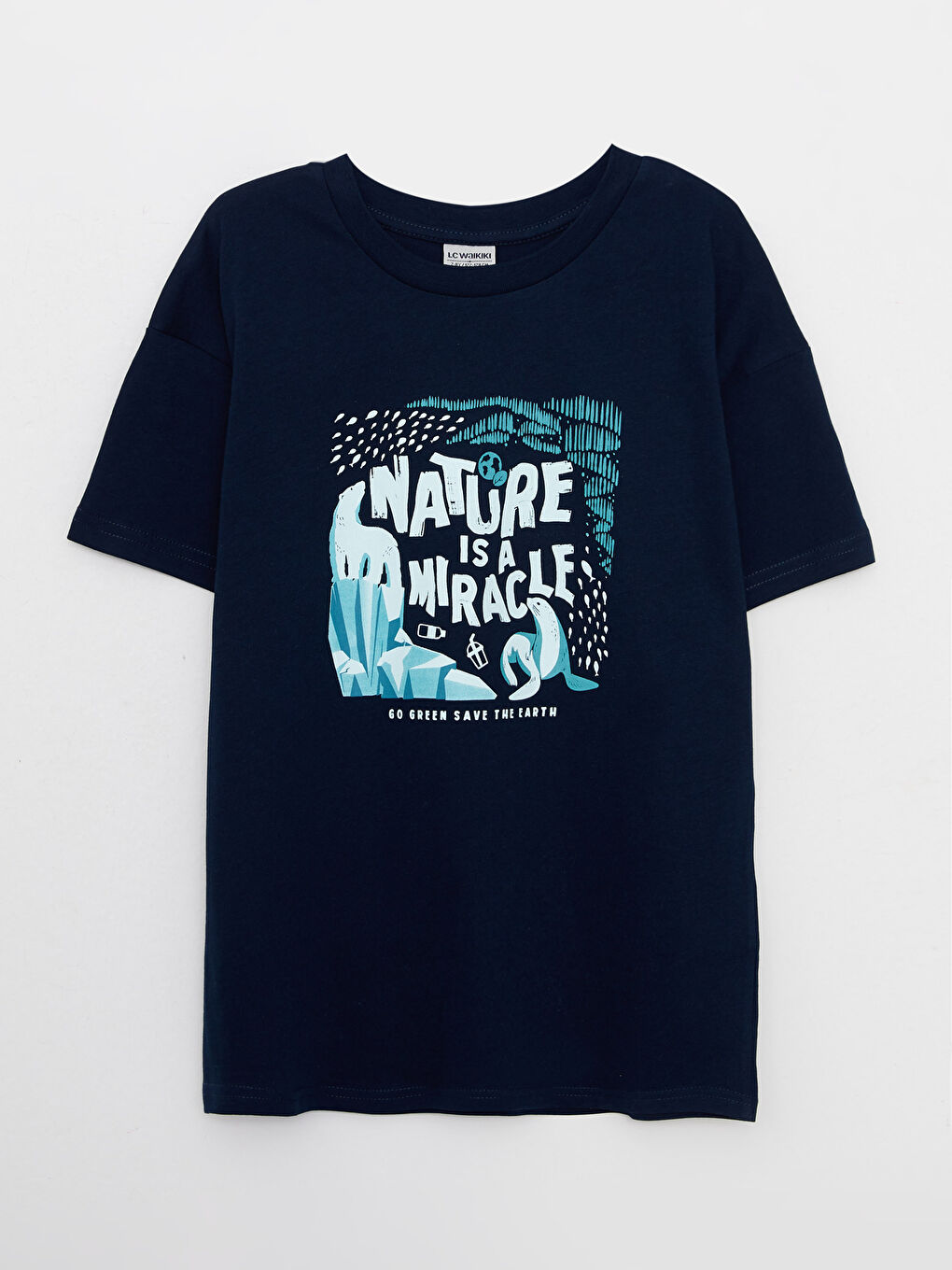 Lacivert Bisiklet Yaka Baskılı Kısa Kollu Pamuklu Erkek Çocuk Tişört