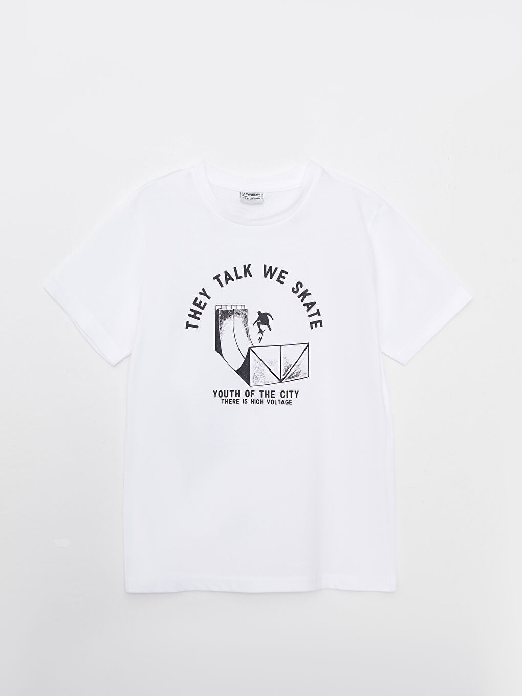 Beyaz Bisiklet Yaka Baskılı Kısa Kollu Pamuklu Erkek Çocuk Tişört