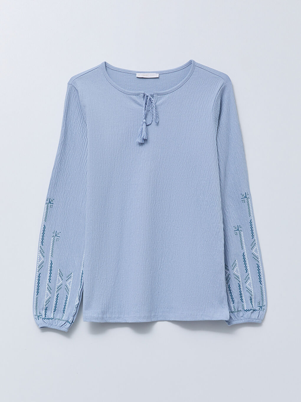 Turkuaz Bağlamalı Yaka Baskılı Uzun Kollu Kadın Bluz-5