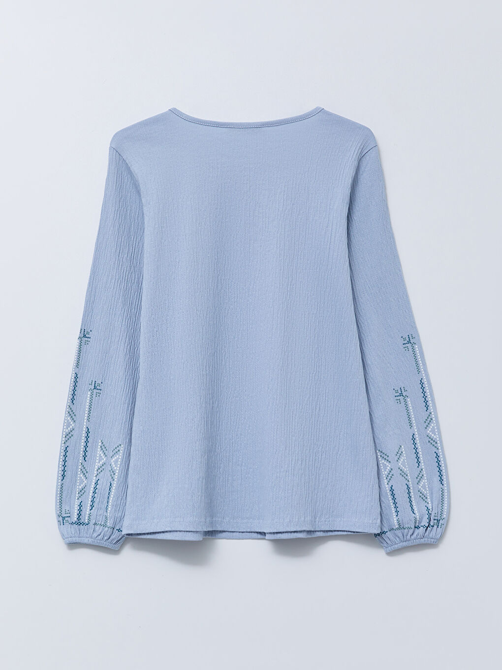 Turkuaz Bağlamalı Yaka Baskılı Uzun Kollu Kadın Bluz-6