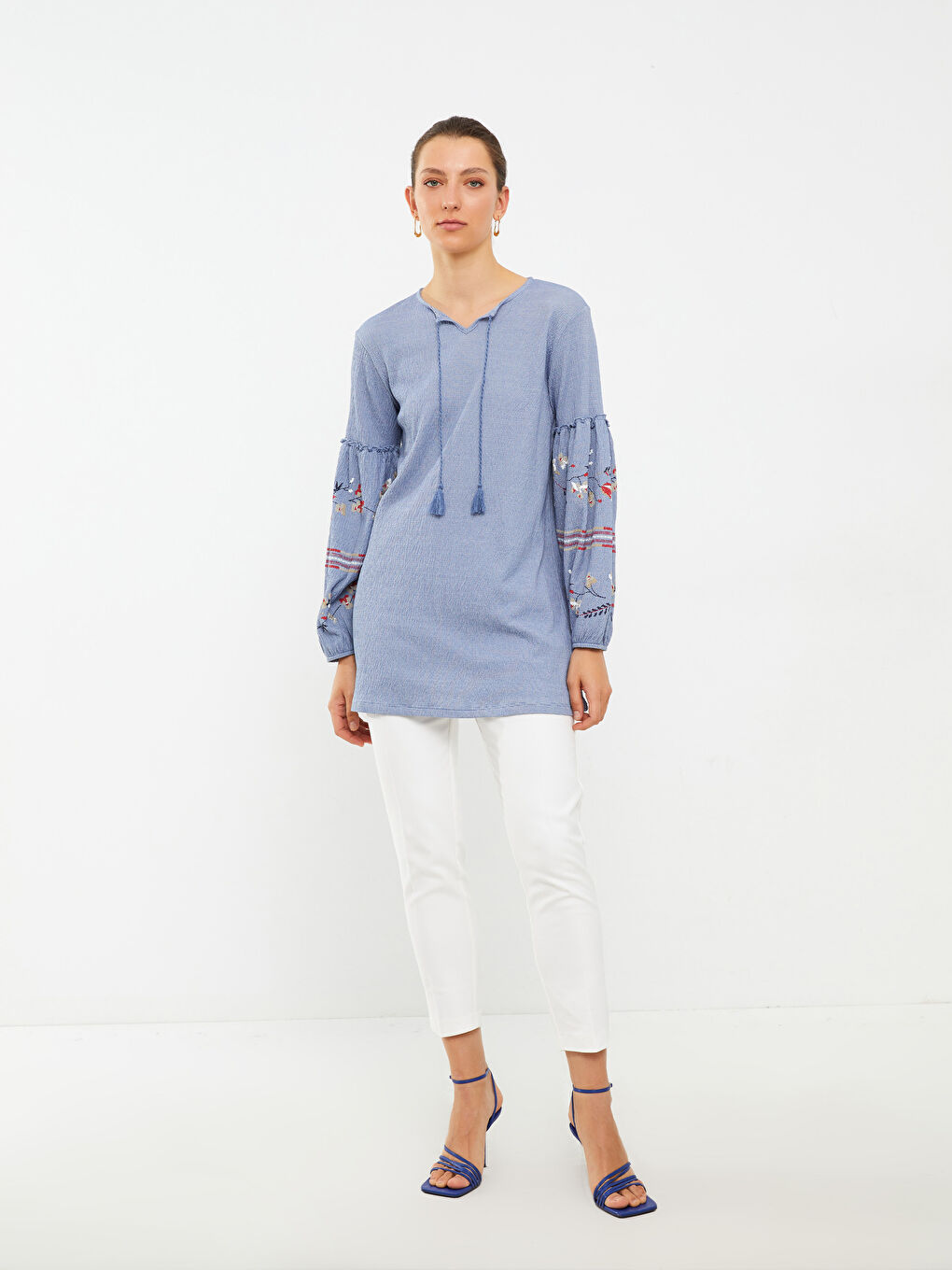 Tie Collar Embroidered Long Sleeve Women's Tunic-1