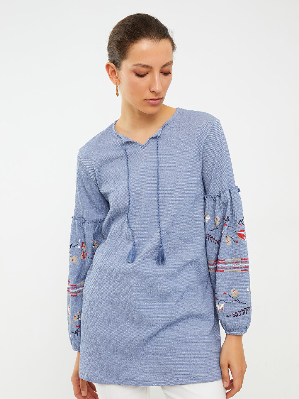 Tie Collar Embroidered Long Sleeve Women's Tunic-2