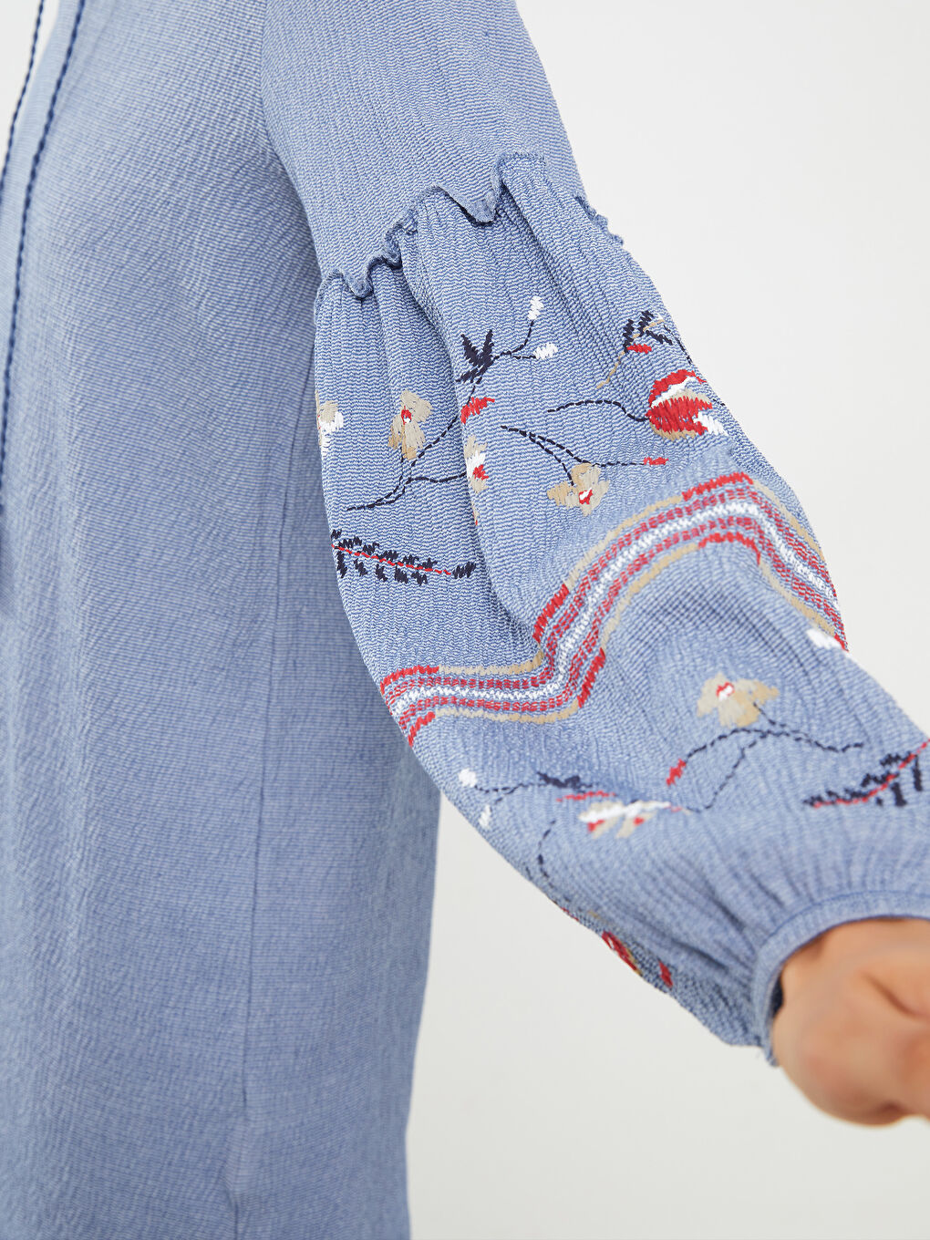 Tie Collar Embroidered Long Sleeve Women's Tunic-4