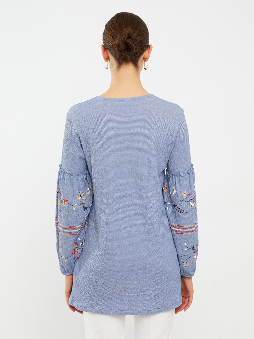 Tie Collar Embroidered Long Sleeve Women's Tunic-5