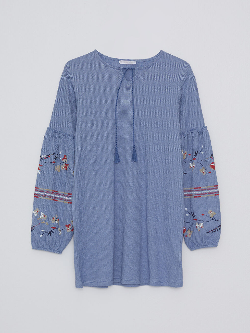 Tie Collar Embroidered Long Sleeve Women's Tunic-6