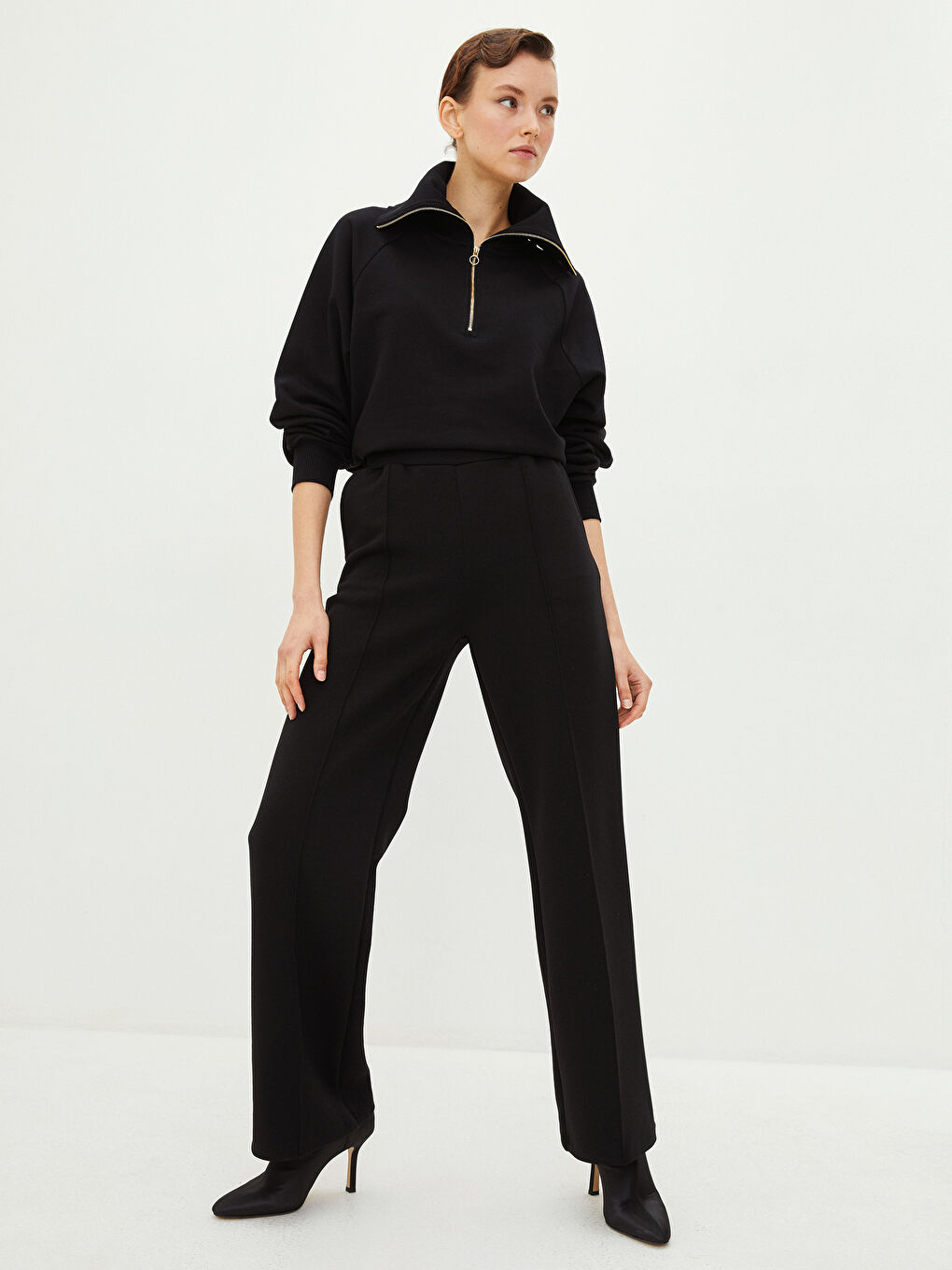 Siyah Dik Yaka Düz Uzun Kollu Kadın Sweatshirt-2