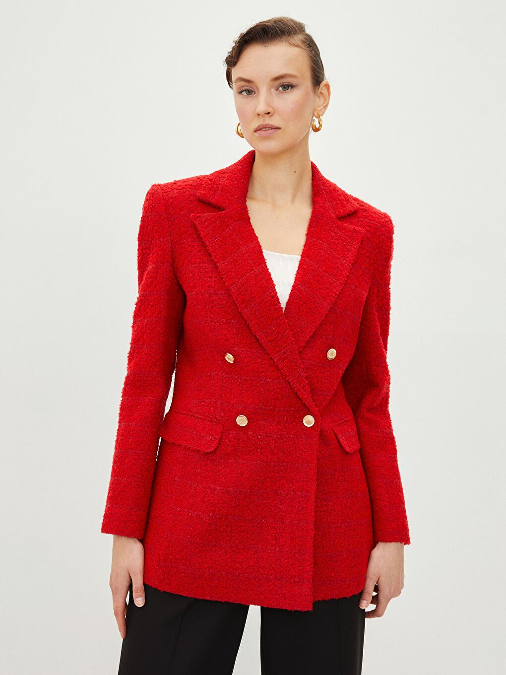 LC Waikiki Front Button Closure Straight Long Sleeve Tweed Women's Blazer Jacket -S2G206Z8-KYV