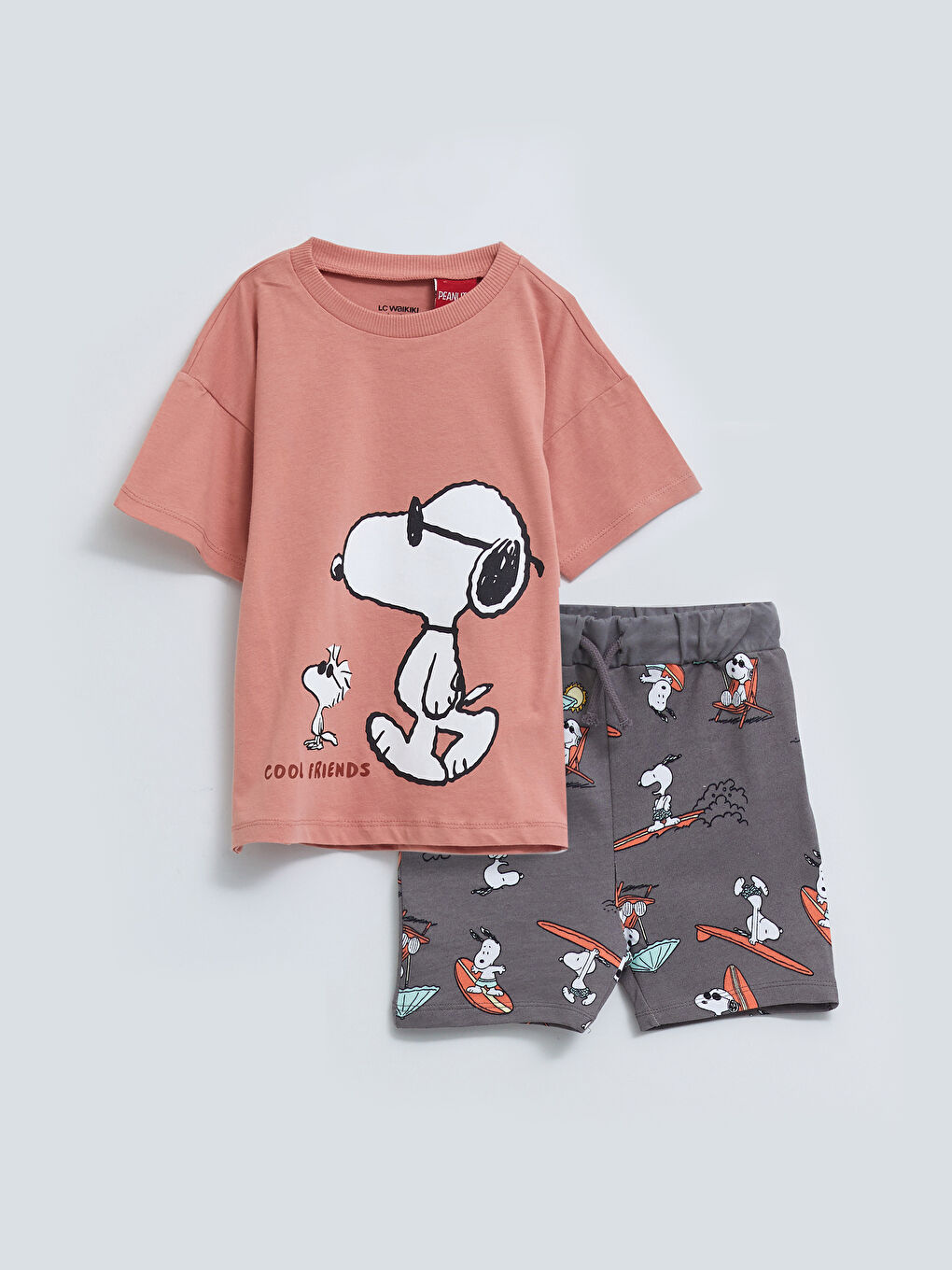 Pembe Bisiklet Yaka Kısa Kollu Snoopy Baskılı Erkek Bebek Tişört ve Şort 2'li Takım