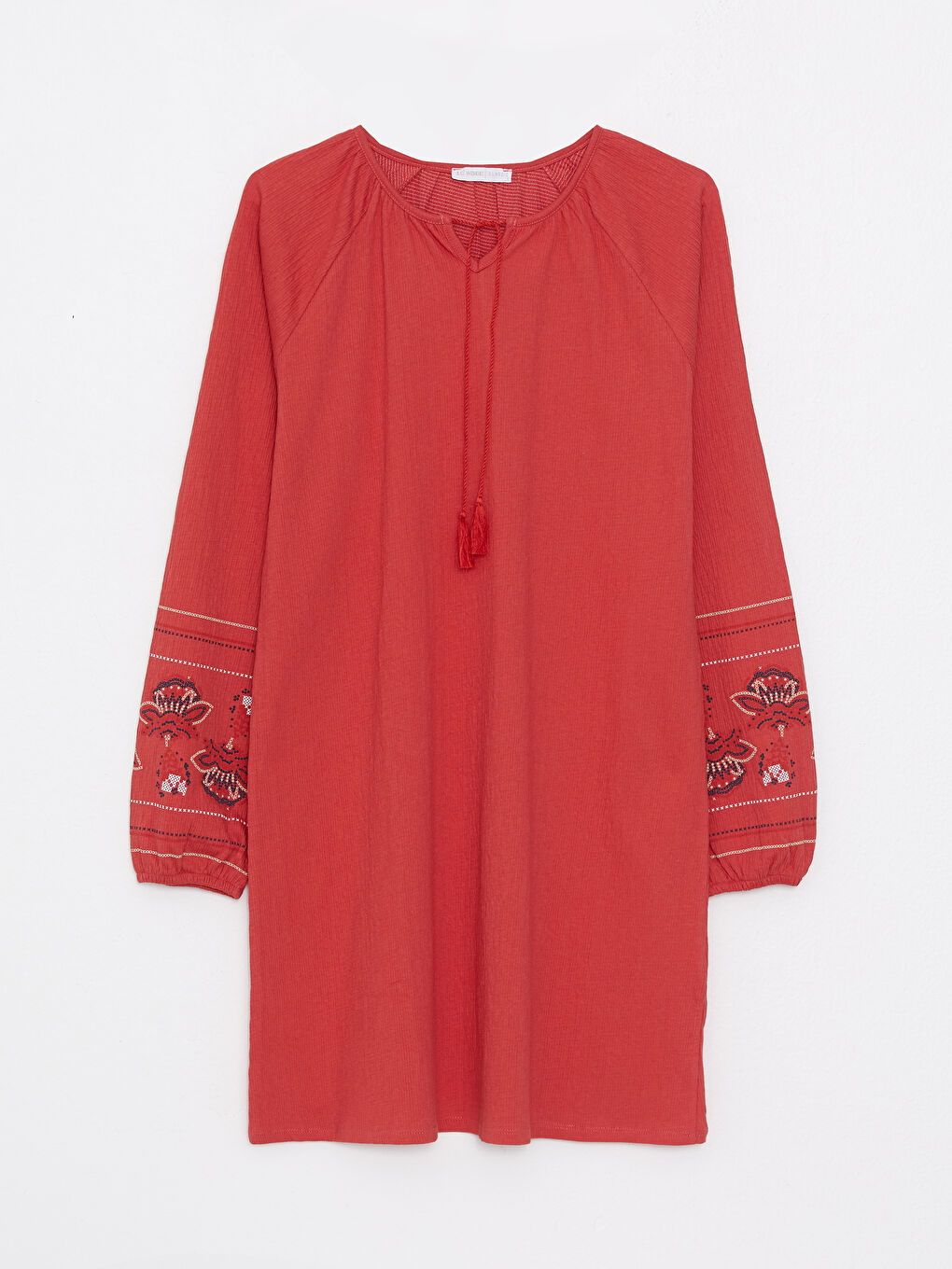 Tie Collar Embroidered Long Sleeve Women's Tunic-8