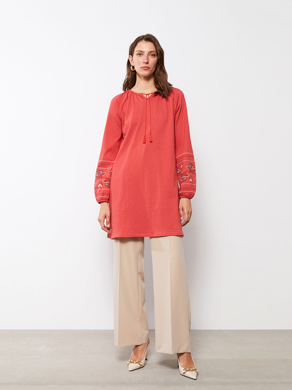 Tie Collar Embroidered Long Sleeve Women's Tunic