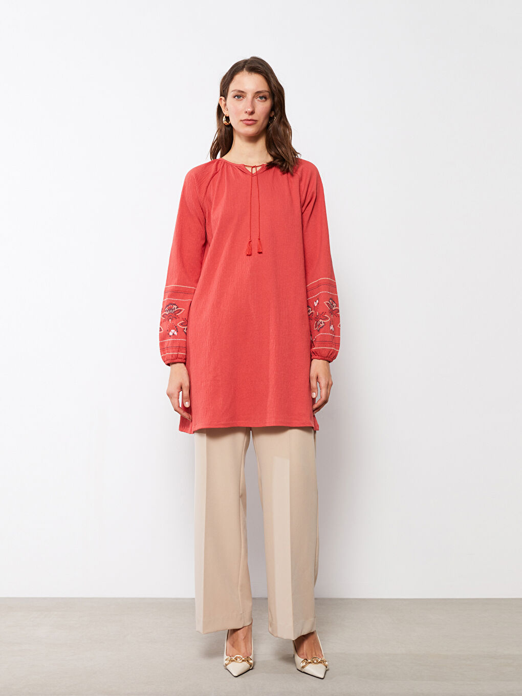 Tie Collar Embroidered Long Sleeve Women's Tunic-1